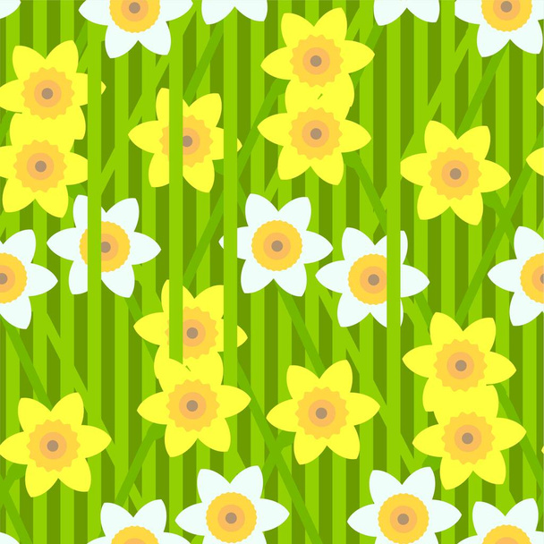 Żonkile bez szwu wzór. Wiosna żółte, białe kwiaty na zielonym tle. Ilustracja wektora sztuki do druku, druku, okładki, druku tkanin - Wektor, obraz
