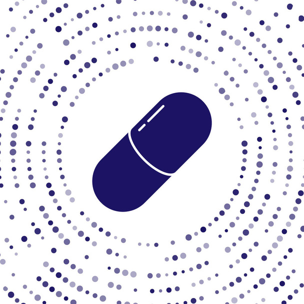 Blaue Medikamentenpille oder Tablettensymbol isoliert auf weißem Hintergrund. Kapselpille und Medikamentenzeichen. Apothekendesign. Abstrakte Kreis zufällige Punkte. Vektorillustration - Vektor, Bild
