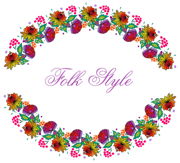 Folksy Floral Ornament - Magyar Folk Style Fashion Garland - Vector Oval Vignette - Vector, Image