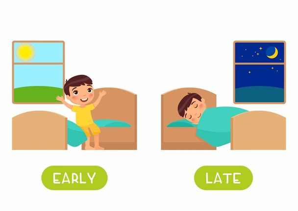 Little boy waking up and sleeping illustration with typography. Late and early antonyms flashcard flat vector template. Word card for english language learning with cartoon character. Opposites concept.  - Vector, Image