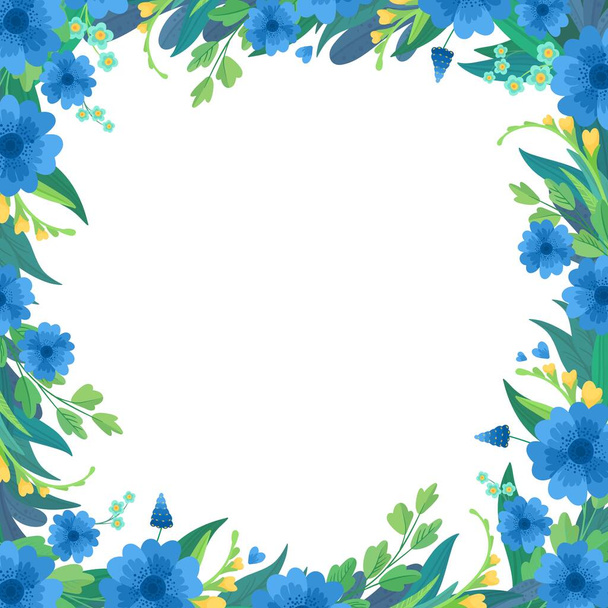 花の正方形の空のフレームフラットベクトルテンプレート。ソーシャルメディアの投稿のための青と黄色の野の花の空白の境界線、グリーティングカードのデザイン。コーンフラワーとデイジーの花漫画の装飾要素 - ベクター画像