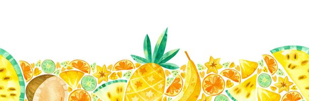 Tropical fruits mix horizontal background. Summer fruits mix texture. Cartoon watercolor seamless horizontal background. - Photo, Image