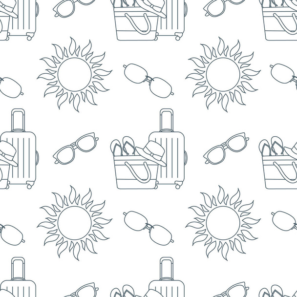 Vector travel seamless pattern Illustration with suitcase, beach bag, flip flops, sun, sun hat, sunglasses. Summer time, vacation, holiday, leisure background. Design wrapping, fabric, print - Vektör, Görsel