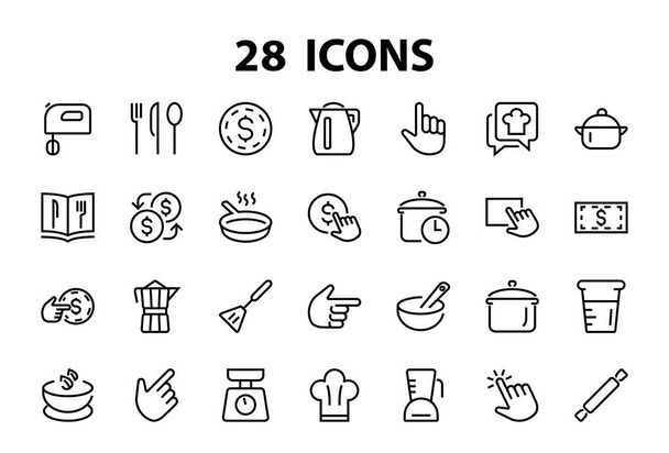 Набір іконок для приготування їжі та кухні, векторні лінії, містить іконки, такі як ніж, каструля, час кипіння, міксер, ваги, рецепт книги. Інсульт, ідеальний 480x480 пікселів, білий фон
 - Вектор, зображення