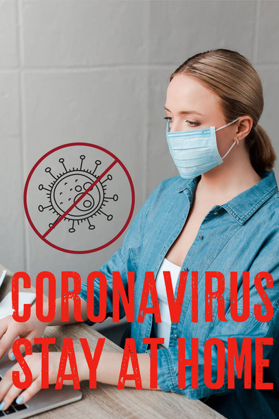 woman in medical mask working with laptop in office, coronavirus and stay at home illustration - Valokuva, kuva