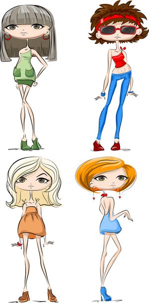 Reihe von Cartoon modische Mädchen - Vektor, Bild
