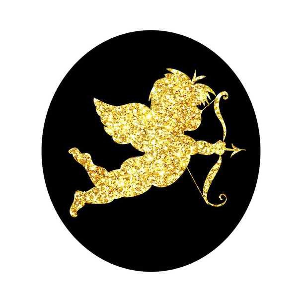 Glitter cute baby cupid with arrow icon isolated on black background - Photo, Image