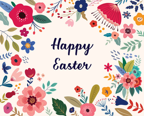 Easter greeting illustration with colorful spring flowers. Happy Easter template, invitation - Vektör, Görsel