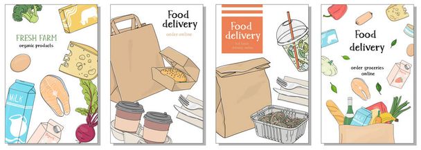 Set of posters dedicated to the delivery of food and groceries on a white background. - ベクター画像