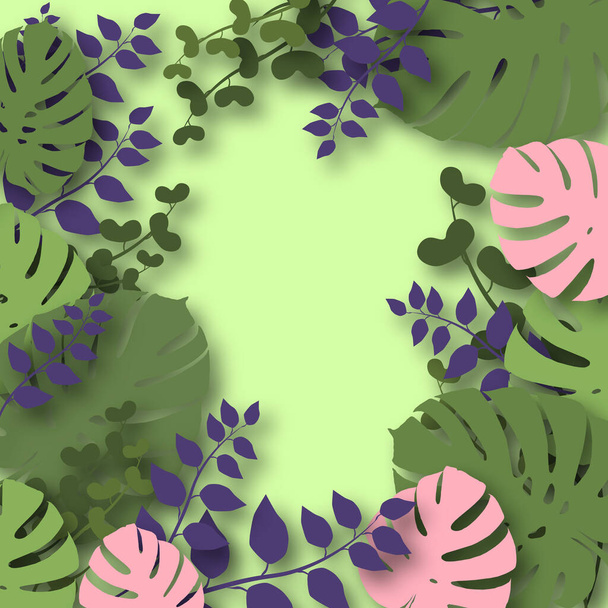 Ilustración sobre un tema de bosque tropical. Muchas hojas diferentes de plantas tropicales. Lugar vacío para el texto. Ilustración colorida del estilo de corte de papel
 - Foto, Imagen
