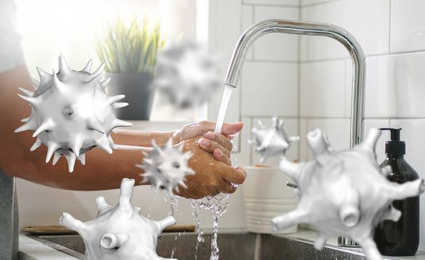 Koncepcja zabijania bakterii lub koronawirusu Covid-19 przez mycie rąk - Zdjęcie, obraz
