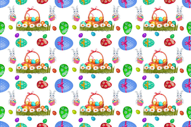 Osterhintergrund mit niedlichen Hasen, Eiern und Blumen für Tapeten und Stoffdesign. - Foto, Bild