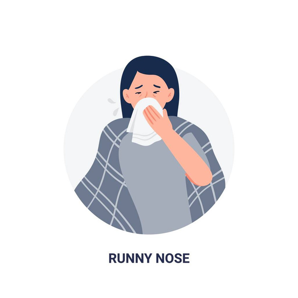 Woman with disease symptom - runny nose. Influenza illness signs. Flat cartoon vector illustration isolated on white background. - Vector, Image