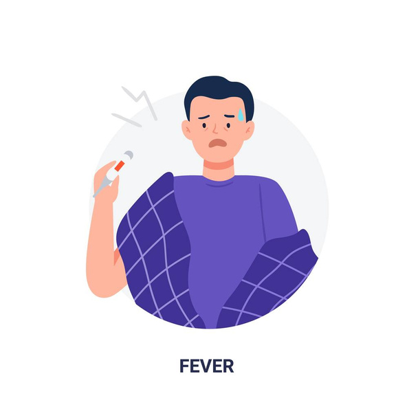 Muž s příznakem nemoci - horečka. Příznaky chřipky. Ploché kreslené vektorové ilustrace izolované na bílém pozadí. - Vektor, obrázek