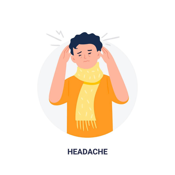 Muž s příznakem nemoci - bolest hlavy. Příznaky chřipky. Ploché kreslené vektorové ilustrace izolované na bílém pozadí. - Vektor, obrázek