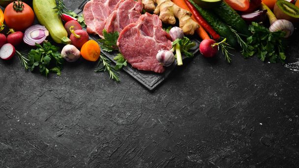 Protein menu: veal meat, vegetables and fruits. Food background. - Zdjęcie, obraz