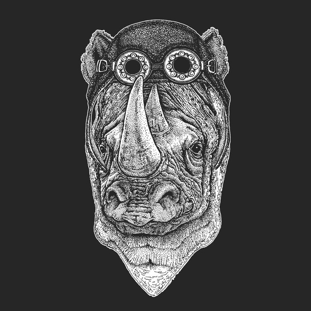 Rhinoceros, rhino portrait. Aviator leather helmet. Head of wild animal. - Vector, Image