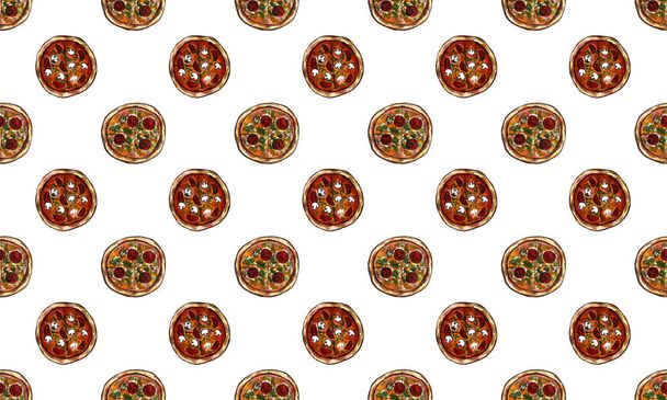 Set of hand drawn watercolor fast-food with Sushi, Pizza pieces on white background. - Photo, image