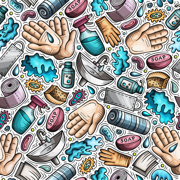 Hand wash hand drawn doodles seamless pattern. Protective measures background. - Vector, Image