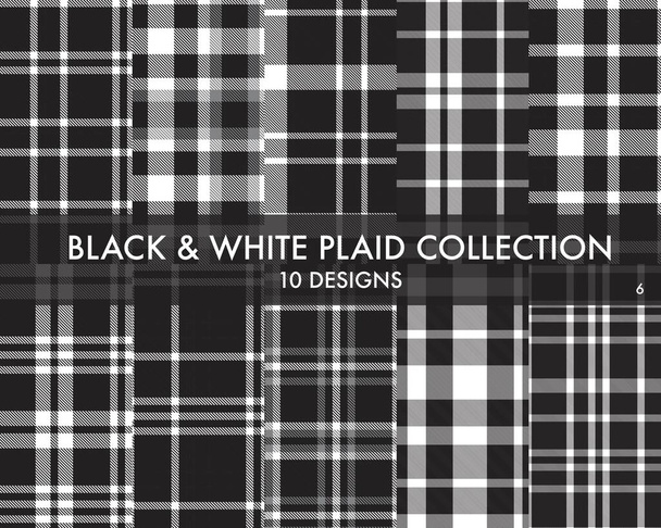 Schwarz-weiß karierte, nahtlose Tartan-Musterkollektion enthält 10 Designs, die sich für Modetextilien und Grafiken eignen - Vektor, Bild