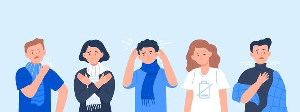 Ilustración vectorial de personas que sufren de varios síntomas del resfriado común y la gripe. Caracteres con síntomas; dolor de cabeza, escalofríos, dolores musculares, cansancio y tos
. - Vector, imagen