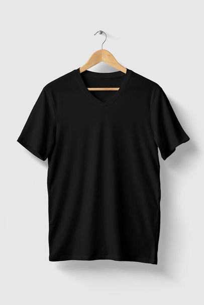 Black V-Neck Shirt Mock-up on wooden hanger, front side view. High resolution. - Φωτογραφία, εικόνα