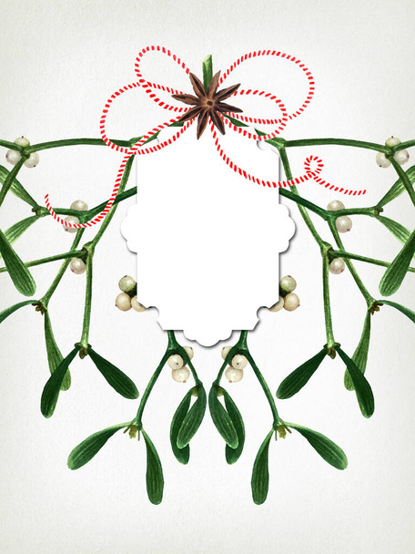 Greeting Christmas card with mistletoe isolated on old paper background. Watercolor postcard with mistletoe, label, hand drawn letters, ready to print. - Foto, immagini
