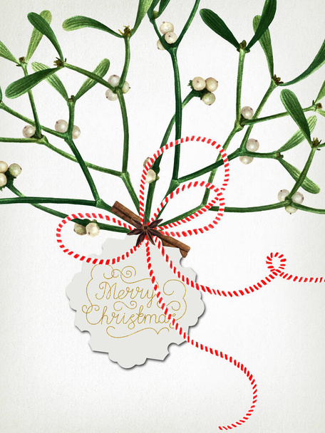 Greeting Christmas card with mistletoe isolated on old paper background. Watercolor postcard with mistletoe, label, hand drawn letters, ready to print. - Foto, Bild