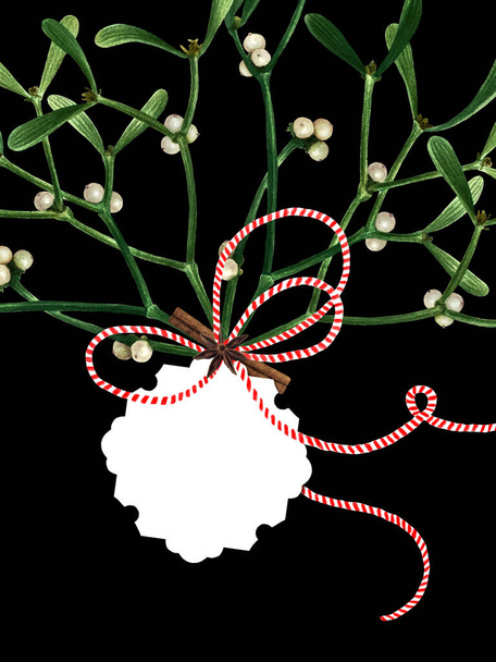Greeting Christmas card with mistletoe isolated on black background. Watercolor postcard with mistletoe, label, ready to print. - Фото, изображение