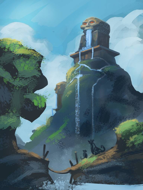 Cyfrowy krajobraz ilustracja świątyni czaszki na szczycie bujnej zielonej trawy wzgórzu - cyfrowe środowisko malarstwo - Zdjęcie, obraz