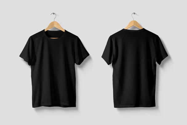 Camiseta negra Mock-up en percha de madera, vista lateral delantera y trasera. Alta resolución
. - Foto, Imagen