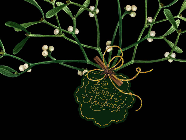 Greeting Christmas card with mistletoe isolated on black background. Watercolor postcard with mistletoe, label, hand drawn gold glitter letters, ready to print. - Photo, image
