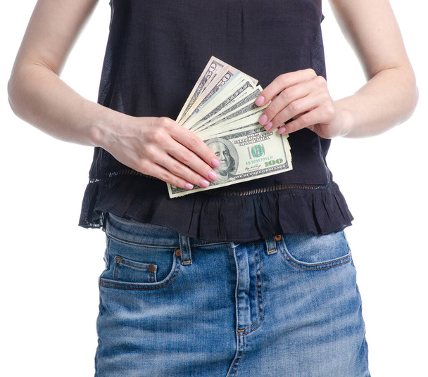 Woman holding in hand money dollars - Foto, afbeelding