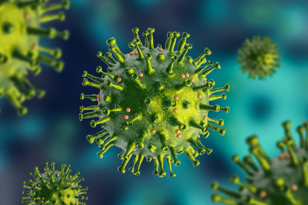 3Dレンダリング、コロナウイルスのクローズアップ2019年-nConvは、パンデミックとして危険なインフルエンザのケースです. - 写真・画像