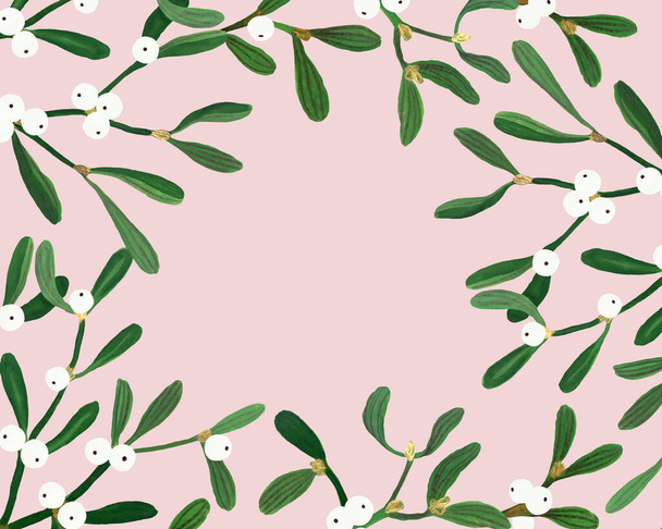 Floral Christmas postcard with mistletoe isolated on pink background. Gouache hand drawn illustration with mistletoe for your design. - Фото, зображення