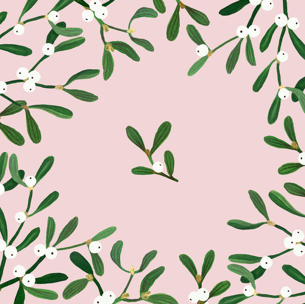 Floral Christmas postcard with mistletoe isolated on pink background. Gouache hand drawn illustration with mistletoe for your design. - Foto, Imagen