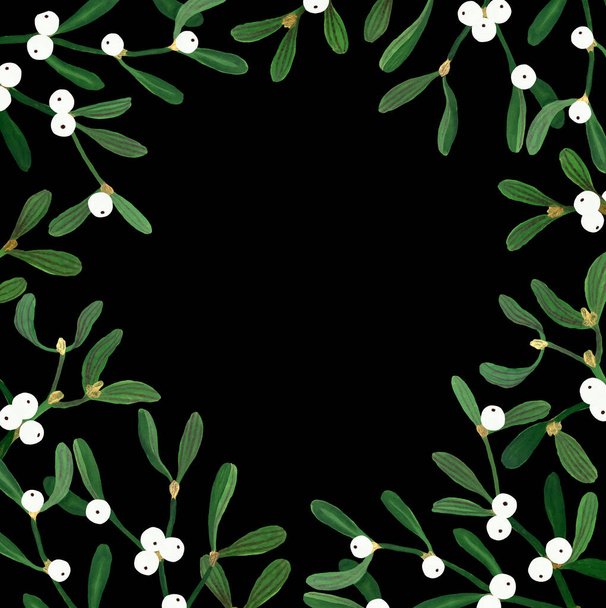 Floral Christmas postcard with mistletoe isolated on black background. Gouache hand drawn illustration with mistletoe for your design. - Photo, image