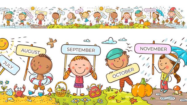 Children with months signs and changing weather and seasons, a long horizontal border or frame - Vector, Image