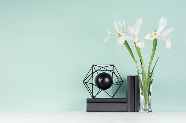 Light spring school workplace with black decorative model of atom, books, fresh white iris in vase on green mint menthe wall and white wood desk, copy space. - Fotoğraf, Görsel