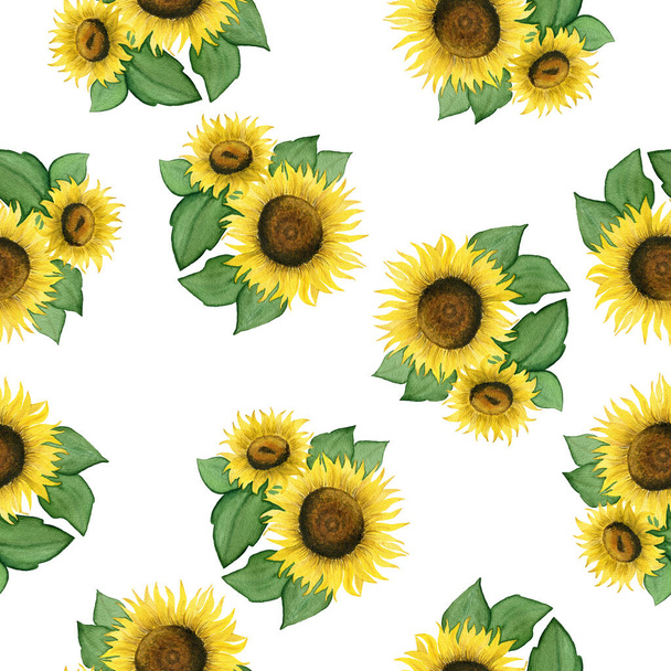 nahtloser floraler Hintergrund mit Aquarell-Sonnenblumen, dekorative Illustration für Hintergründe, Stoff- oder Verpackungsprojekte, helle Oberflächengestaltung - Foto, Bild