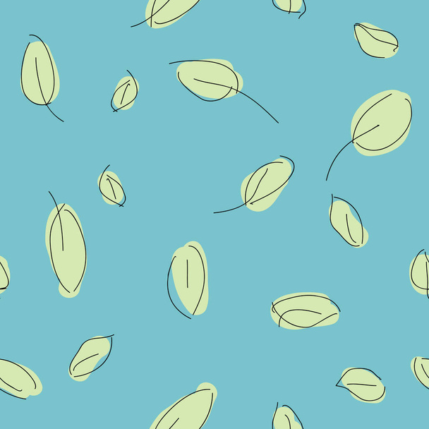 Illustrated Leaves on teal blue background, seamless vector repeat pattern - Vector, imagen