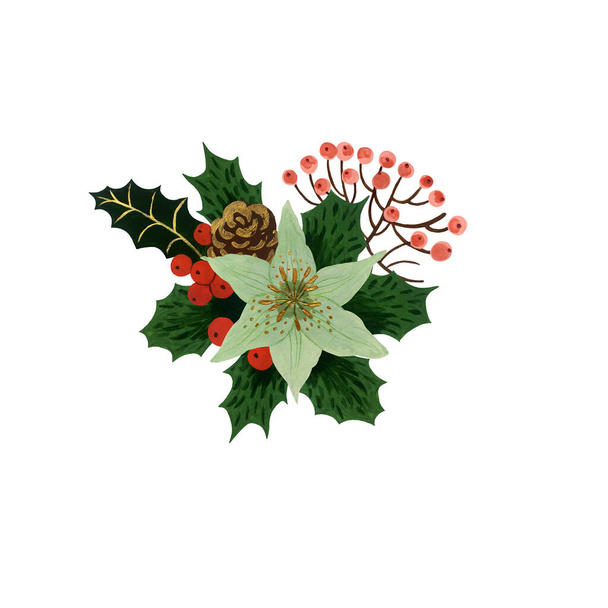 Hand drawn Christmas arrangement isolated on white background. Ready to print bouquet design for postcards, banners, invitations, labels. - Foto, Bild