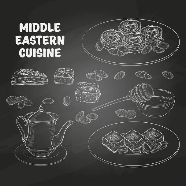 La nourriture arabe. Bonbons et thé du Moyen-Orient
 - Vecteur, image