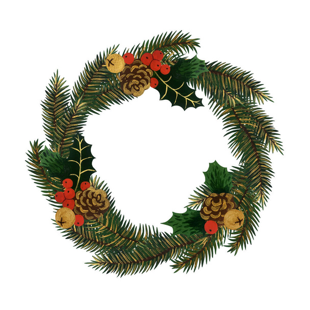 Hand drawn Christmas wreath isolated on white background. Ready to print wreath design for postcards, banners, invitations, labels. - Fotoğraf, Görsel