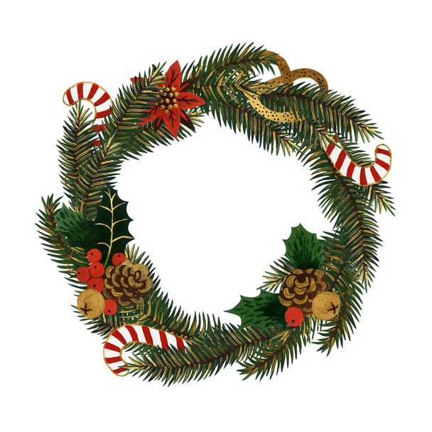 Hand drawn Christmas wreath isolated on white background. Ready to print wreath design for postcards, banners, invitations, labels. - Photo, image