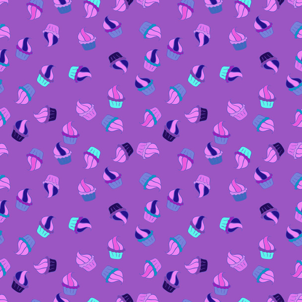 Bonito patrón de cumpleaños en rosa, azul y violeta. Vector. Para el diseño de pósters de alimentos. Pastel muffin lindo patrón sin costura
. - Vector, imagen