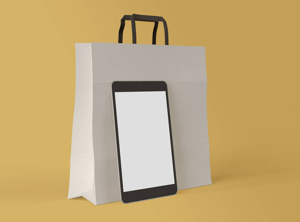 3D Illustration. Smartphone with blank white screen and paper shopping bag on isolated background. Shop online concept. - 写真・画像