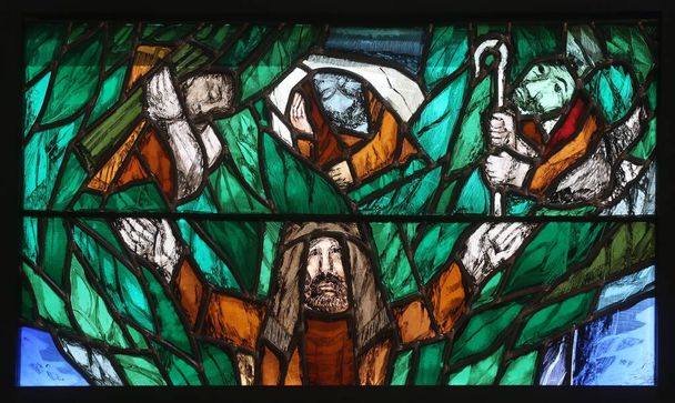 神、すべての人生の創造主、ドイツのピフラスの聖ヨハネ教会のシーガー・コーダーによるステンドグラスの窓の詳細 - 写真・画像