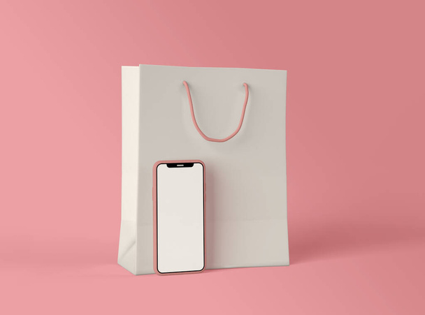 3D Illustration. Smartphone with blank white screen and paper shopping bag on isolated background. Shop online concept. - Foto, Bild