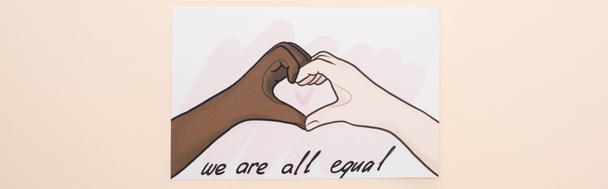 top view of picture with drawn multiethnic hands showing heart gesture on beige background, panoramic shot - Fotografie, Obrázek